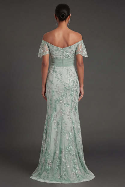 Sparkly Beaded Floral Green Appliqued Mermaid Long Formal Dress