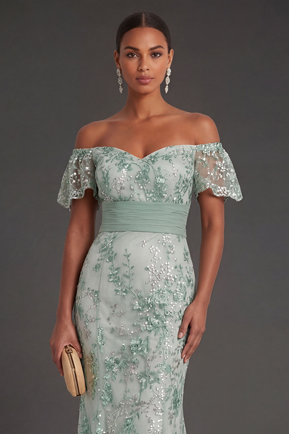Sparkly Beaded Floral Green Appliqued Mermaid Long Formal Dress
