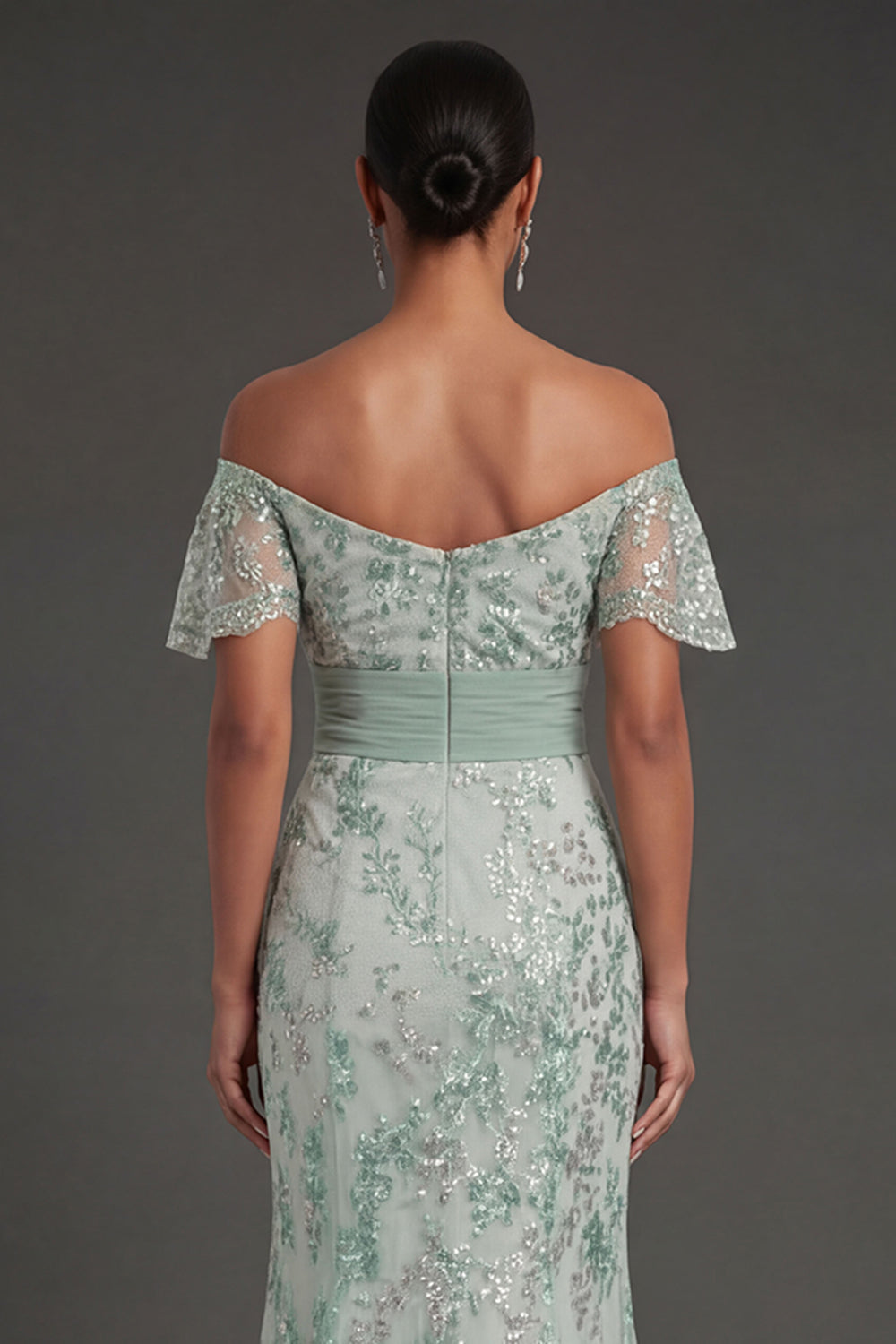 Sparkly Beaded Floral Green Appliqued Mermaid Long Formal Dress