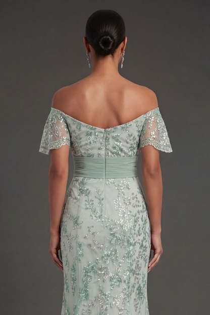 Sparkly Beaded Floral Green Appliqued Mermaid Long Formal Dress