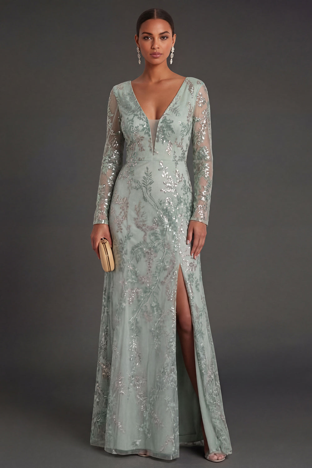 Leely Women Sparkly Beaded Floral Green Sheath Long Formal Dress with Slit Appliqued Long Sleeves Wedding Guest Dress
