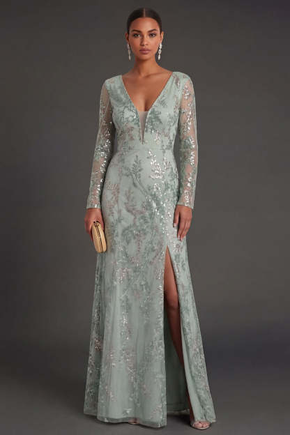 Leely Women Sparkly Beaded Floral Green Sheath Long Formal Dress with Slit Appliqued Long Sleeves Wedding Guest Dress