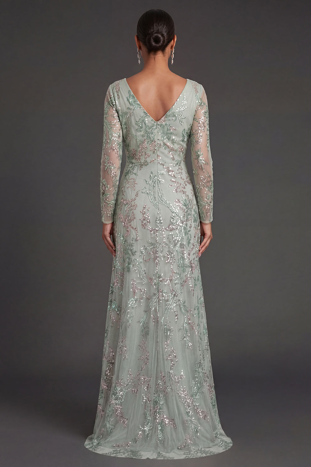 Sparkly Beaded Floral Green Appliqued Sheath Long Formal Dress with Slit