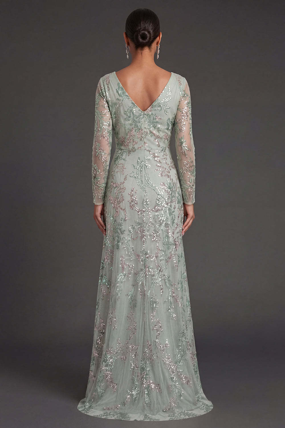 Sparkly Beaded Floral Green Appliqued Sheath Long Formal Dress with Slit