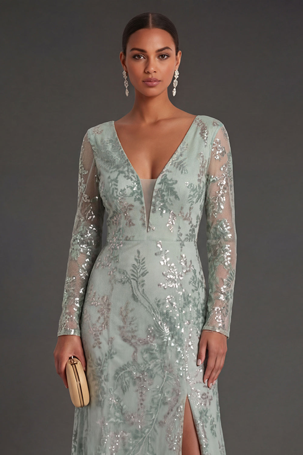 Sparkly Beaded Floral Green Appliqued Sheath Long Formal Dress with Slit