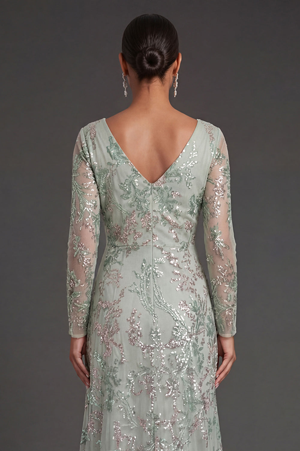 Sparkly Beaded Floral Green Appliqued Sheath Long Formal Dress with Slit