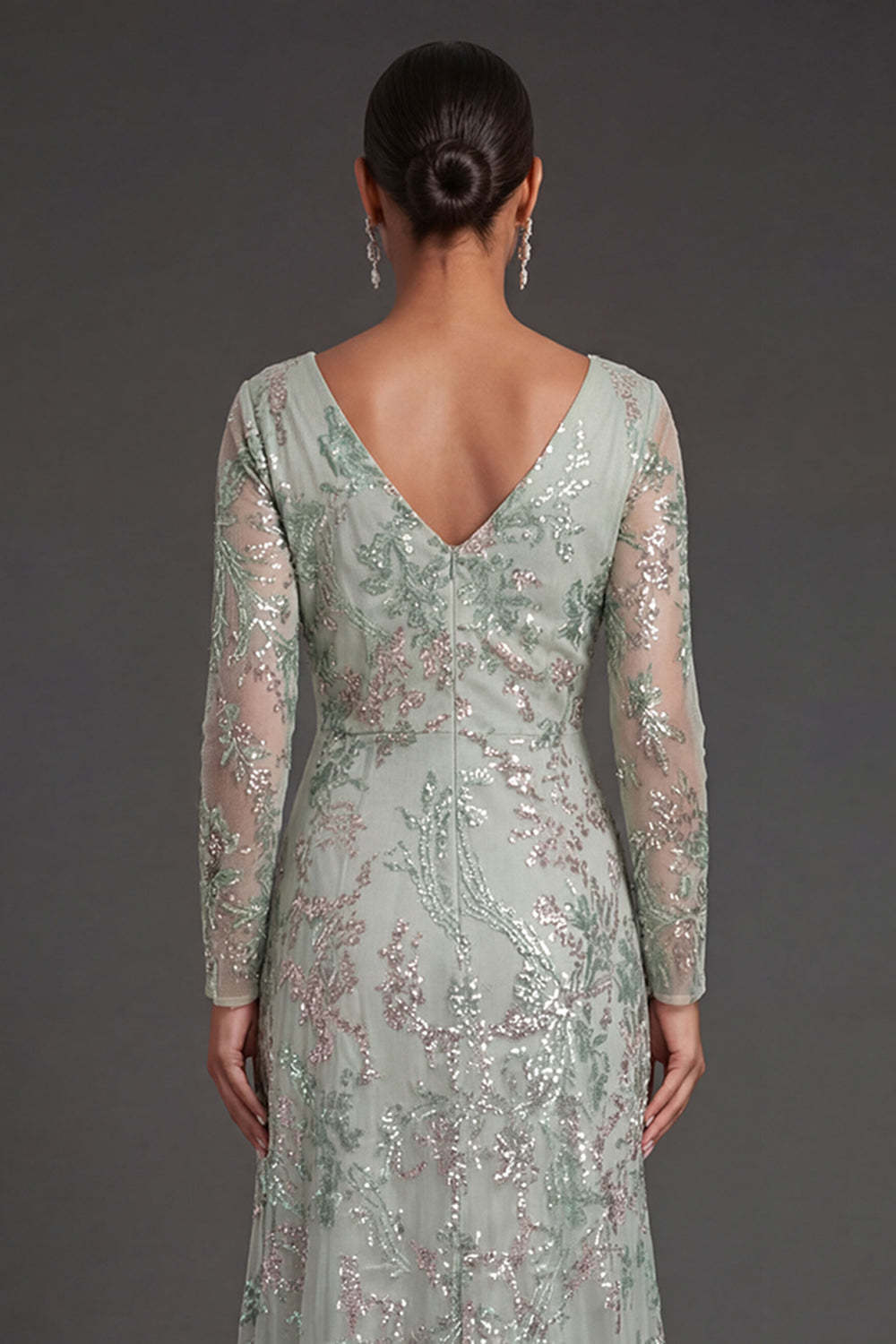 Sparkly Beaded Floral Green Appliqued Sheath Long Formal Dress with Slit