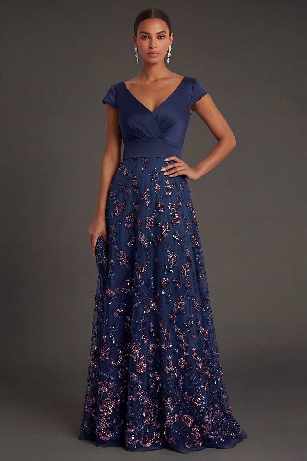 Leely Women Floral Navy A Line Sparkly Beaded Long Formal Dress Appliqued Backless V Neck Wedding Guest Dress