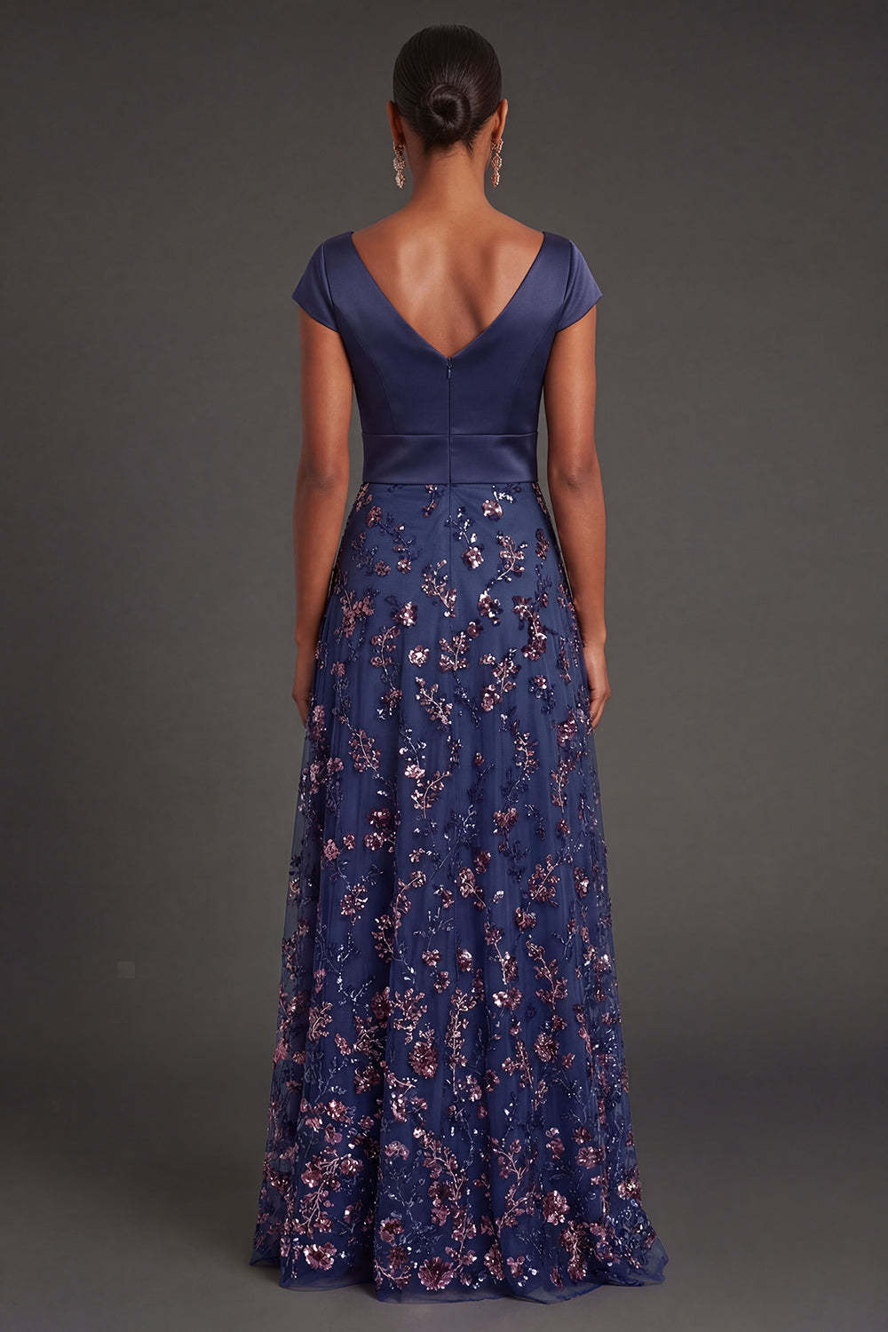 Floral Navy A Line Sparkly Beaded V Neck Long Formal Dress