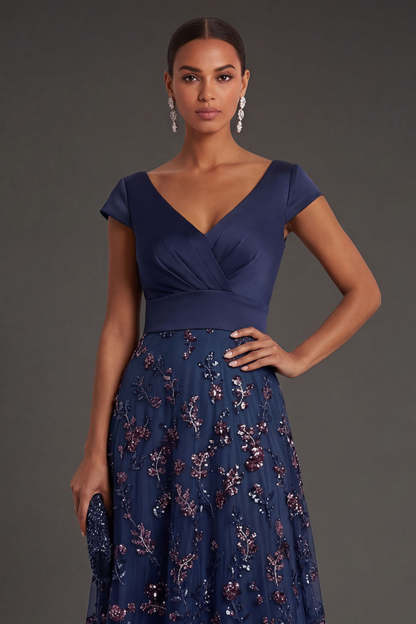 Floral Navy A Line Sparkly Beaded V Neck Long Formal Dress