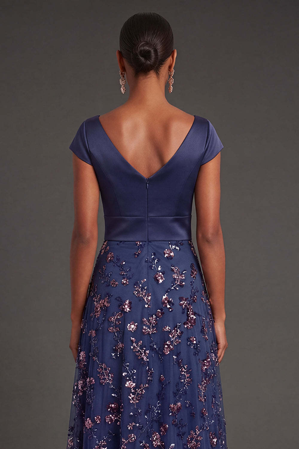 Floral Navy A Line Sparkly Beaded V Neck Long Formal Dress