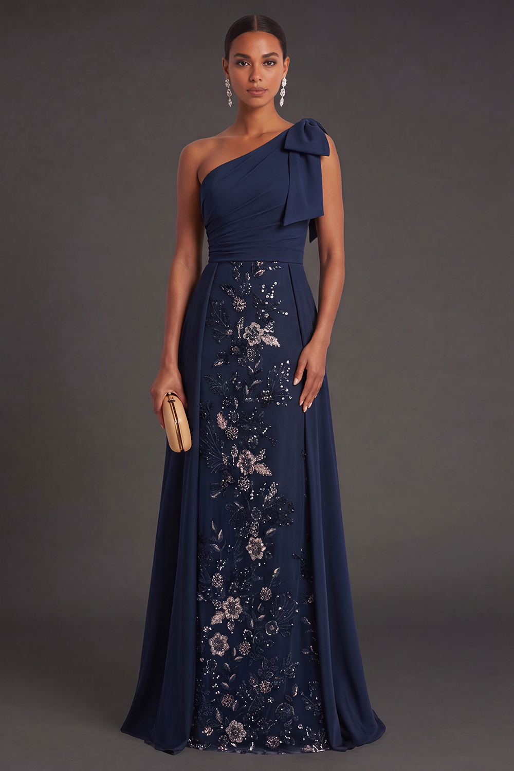 Floral Navy Sheath Sparkly Beaded One Shoulder Long Formal Dress with Bow