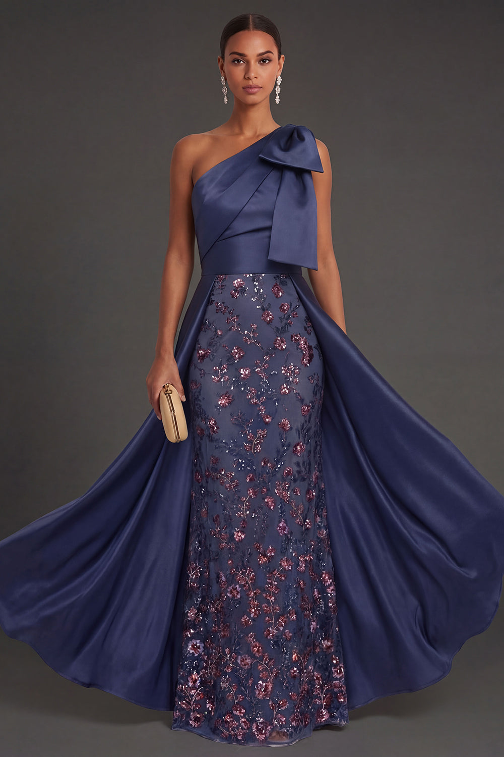 Floral Navy Sheath Sparkly Beaded One Shoulder Long Formal Dress with Bow