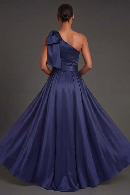 Floral Navy Sheath Sparkly Beaded One Shoulder Long Formal Dress with Bow