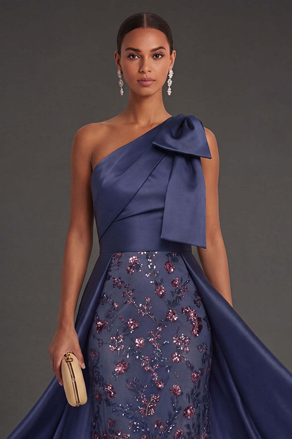 Floral Navy Sheath Sparkly Beaded One Shoulder Long Formal Dress with Bow