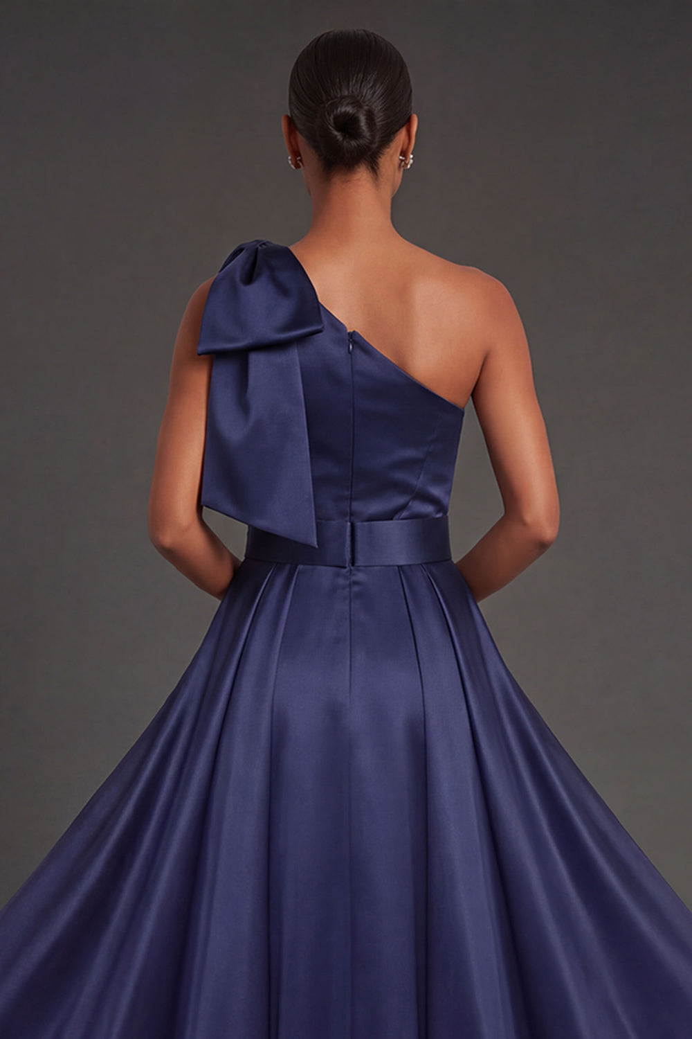 Floral Navy Sheath Sparkly Beaded One Shoulder Long Formal Dress with Bow