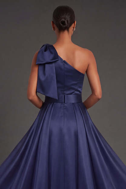 Floral Navy Sheath Sparkly Beaded One Shoulder Long Formal Dress with Bow