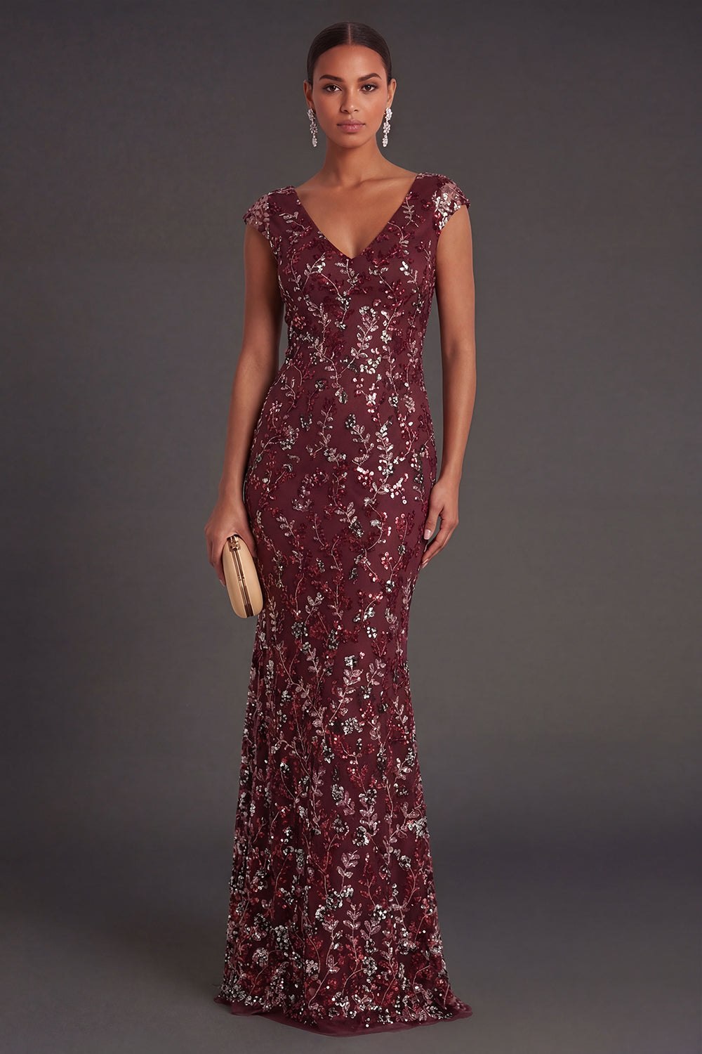 Leely Women Sparkly Beaded Burgundy Floral Sheath Long Formal Dress Appliqued Sleeveless V Neck Wedding Guest Dress