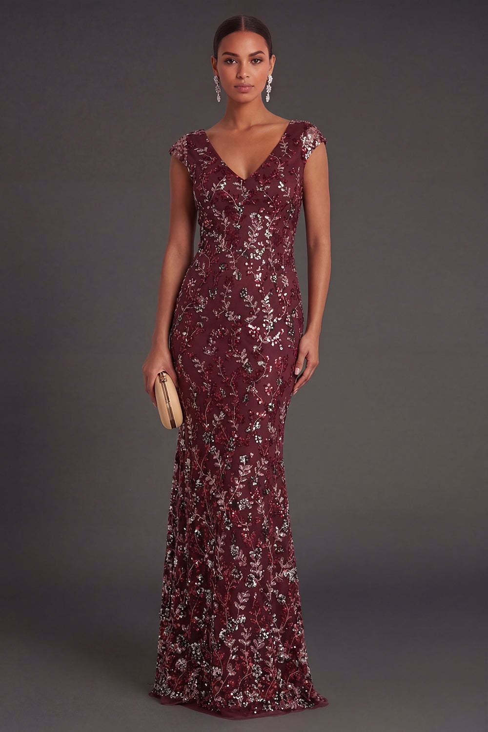 Leely Women Sparkly Beaded Burgundy Floral Sheath Long Formal Dress Appliqued Sleeveless V Neck Wedding Guest Dress