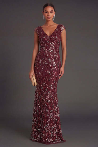 Leely Women Sparkly Beaded Burgundy Floral Sheath Long Formal Dress Appliqued Sleeveless V Neck Wedding Guest Dress