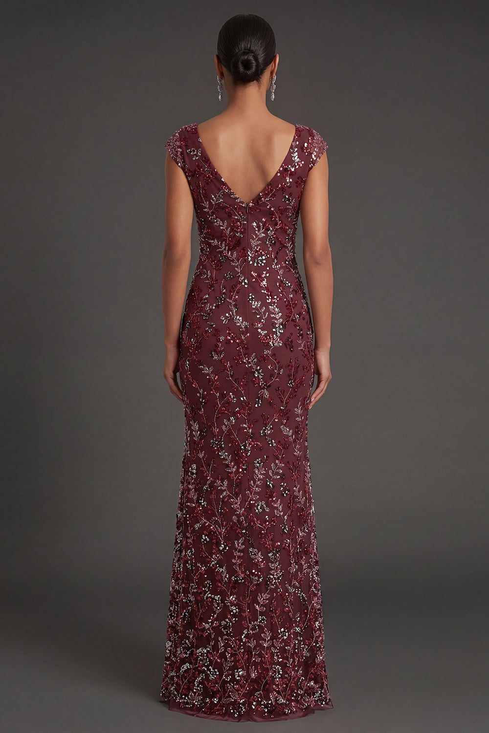 Sparkly Beaded Burgundy Floral Sheath Long Formal Dress