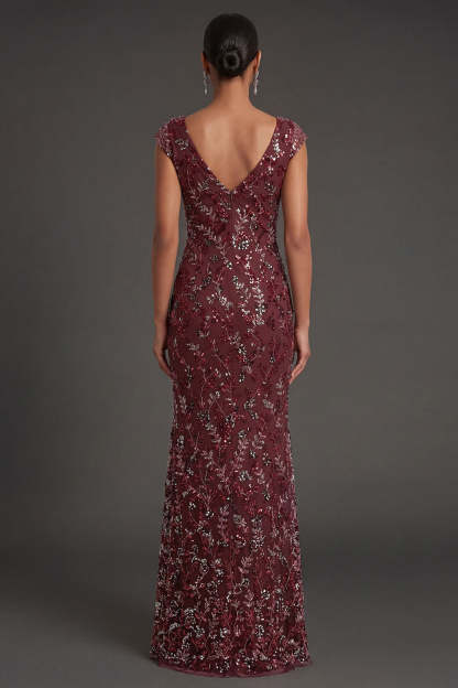 Sparkly Beaded Burgundy Floral Sheath Long Formal Dress