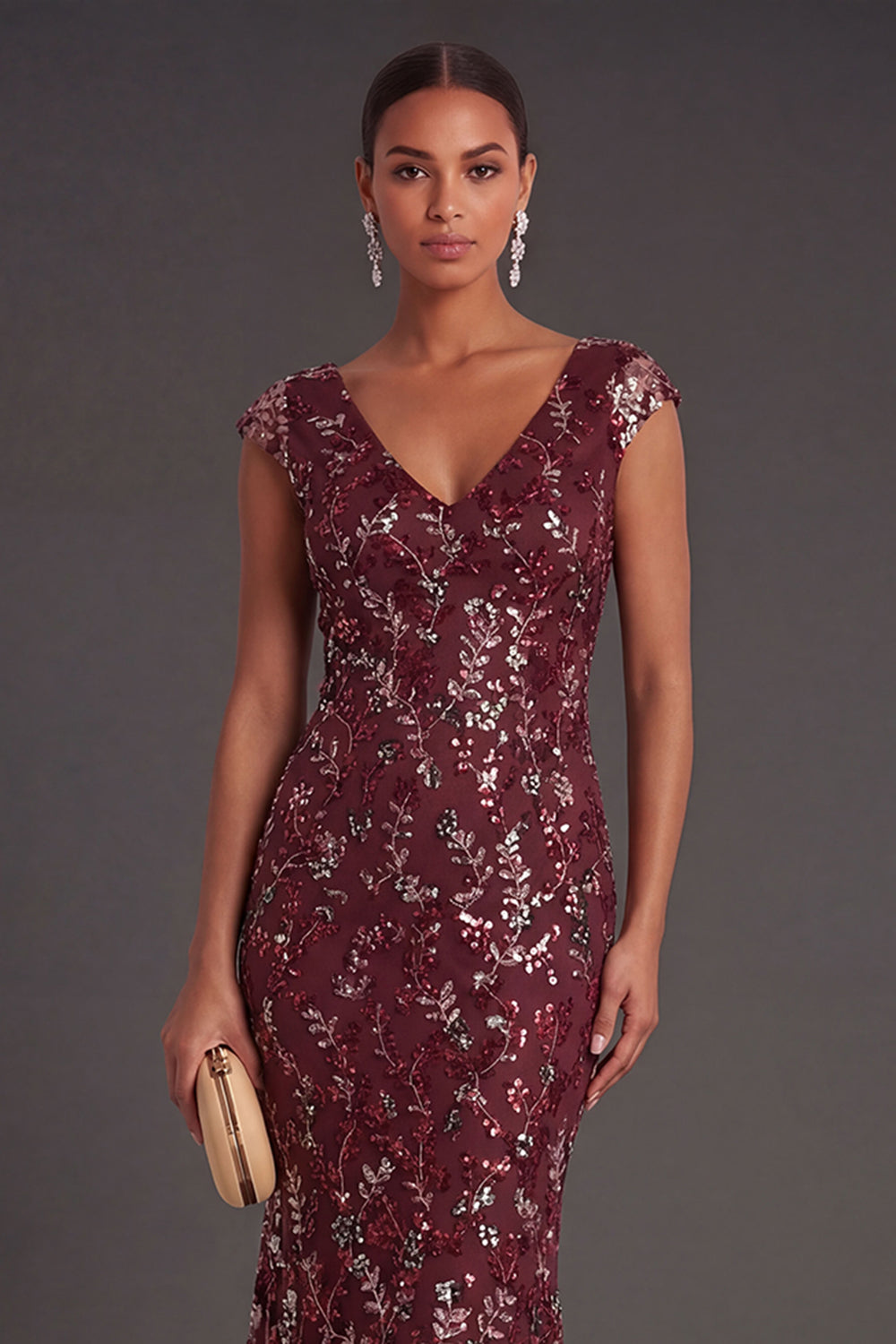 Sparkly Beaded Burgundy Floral Sheath Long Formal Dress