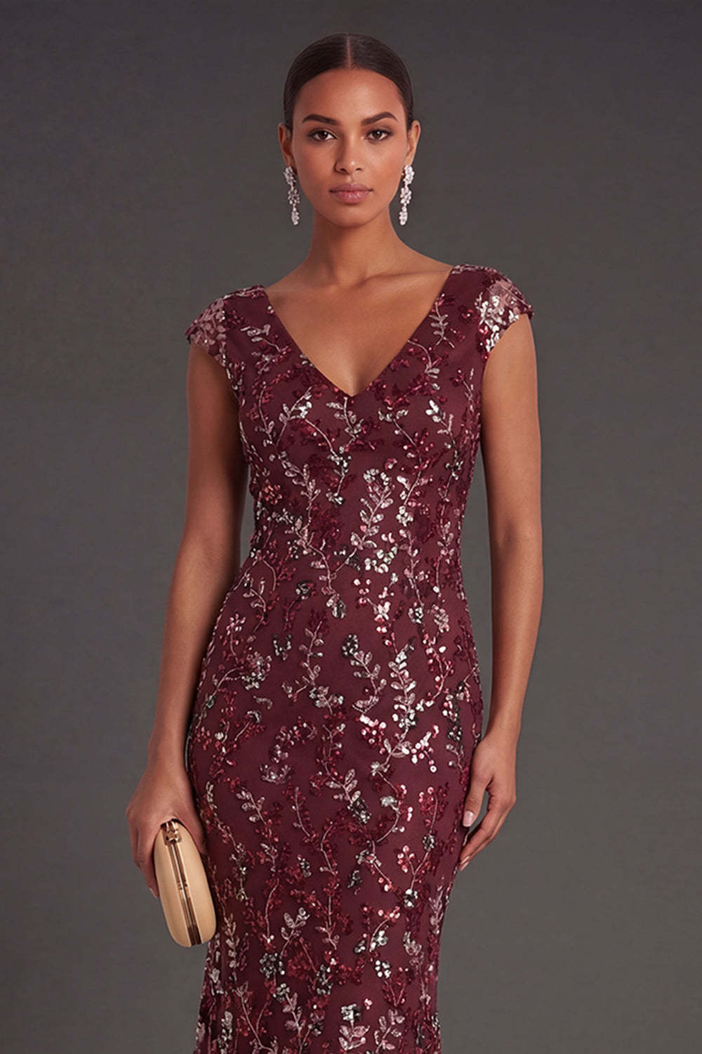Sparkly Beaded Burgundy Floral Sheath Long Formal Dress