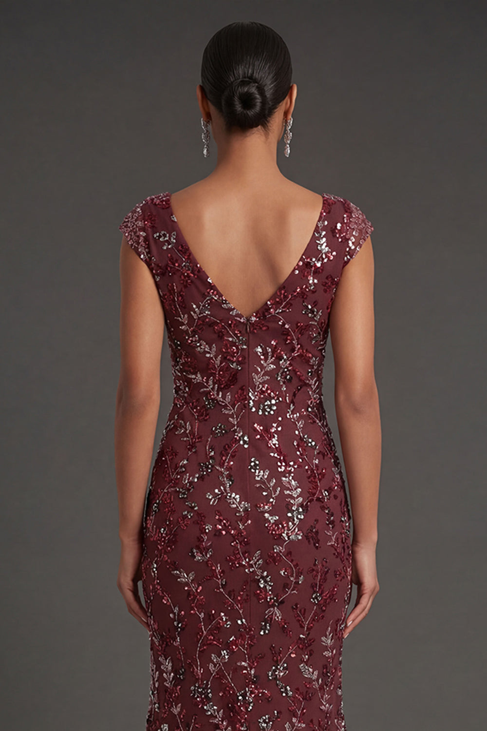 Sparkly Beaded Burgundy Floral Sheath Long Formal Dress