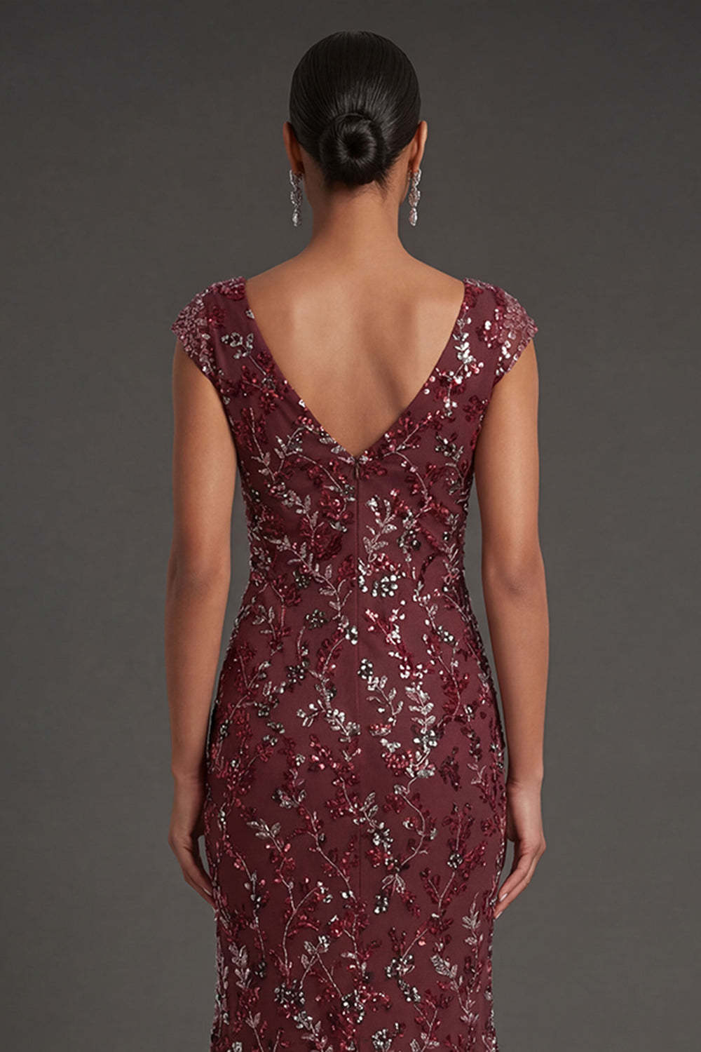 Sparkly Beaded Burgundy Floral Sheath Long Formal Dress