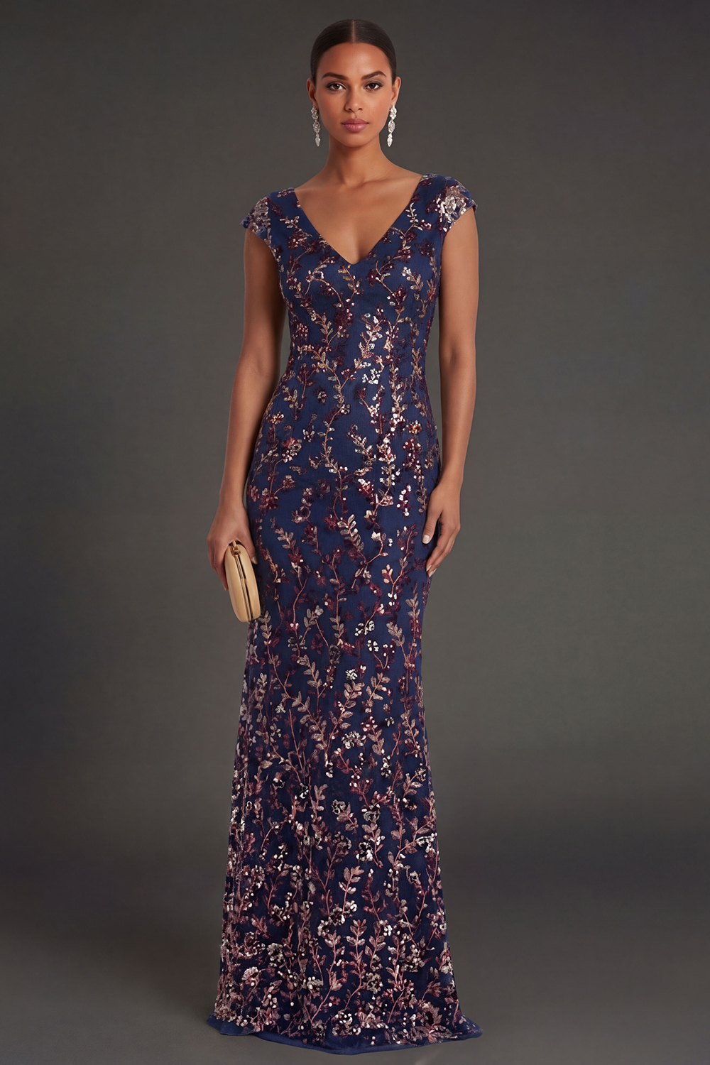 Sparkly Beaded Navy Floral Sheath Long Formal Dress
