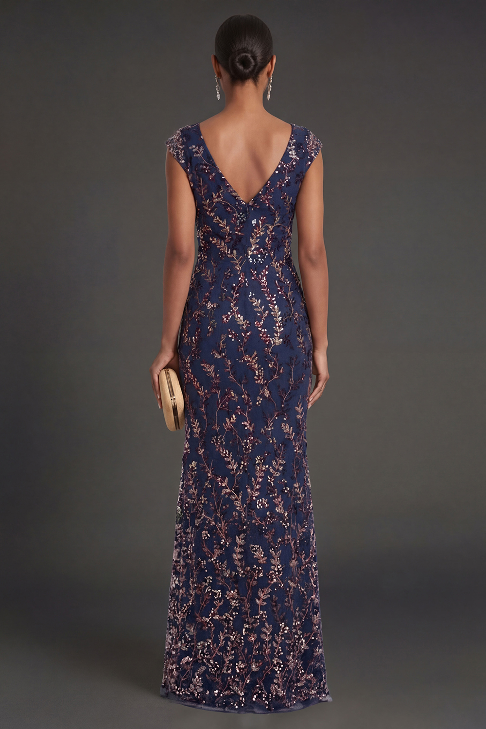 Sparkly Beaded Navy Floral Sheath Long Formal Dress