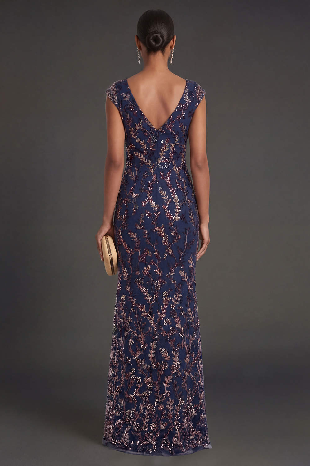 Sparkly Beaded Navy Floral Sheath Long Formal Dress
