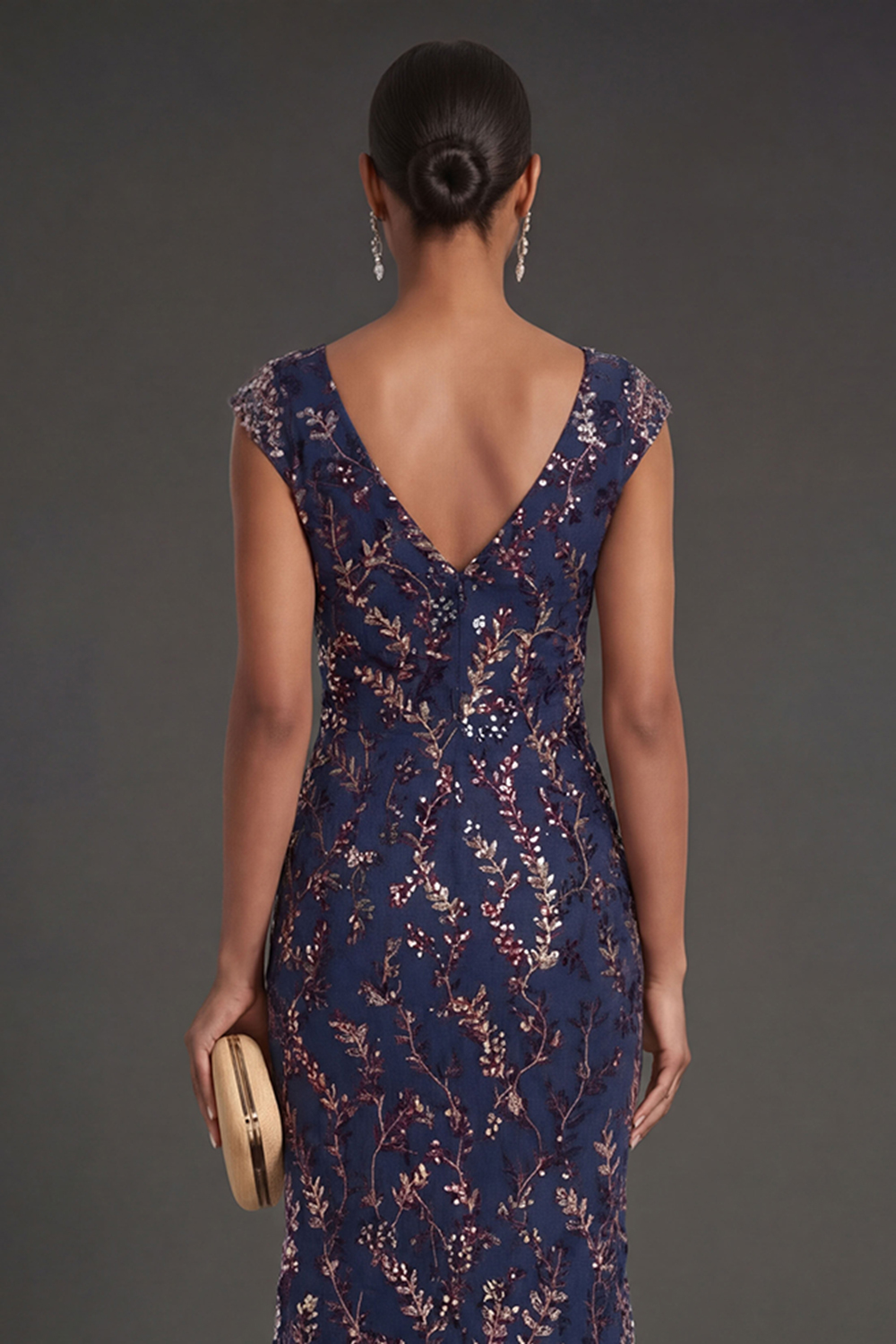 Sparkly Beaded Navy Floral Sheath Long Formal Dress