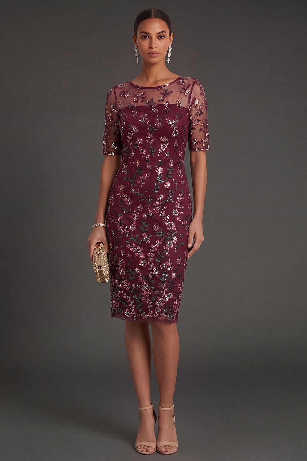 Burgundy Floral Sparkly Beaded Sheath Appliqued Midi Formal Dress