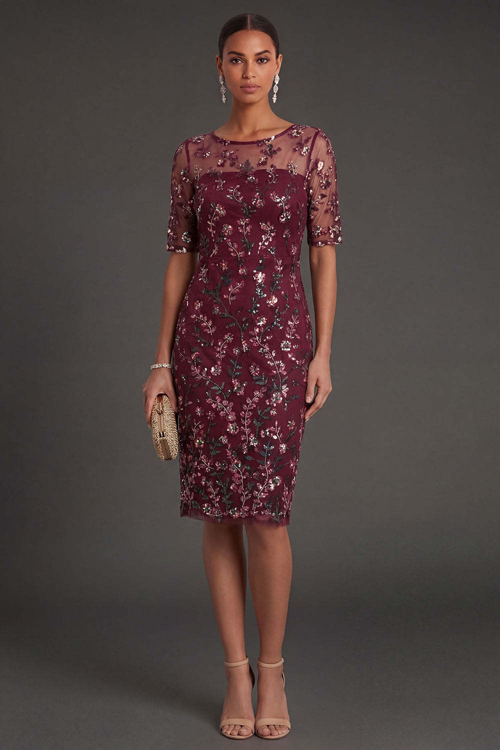 Burgundy Floral Sparkly Beaded Sheath Appliqued Midi Formal Dress
