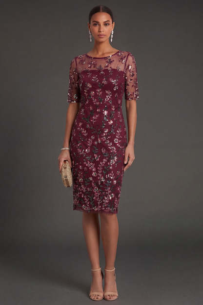 Burgundy Floral Sparkly Beaded Sheath Appliqued Midi Formal Dress