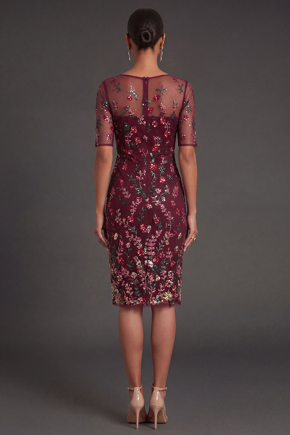Burgundy Floral Sparkly Beaded Sheath Appliqued Midi Formal Dress