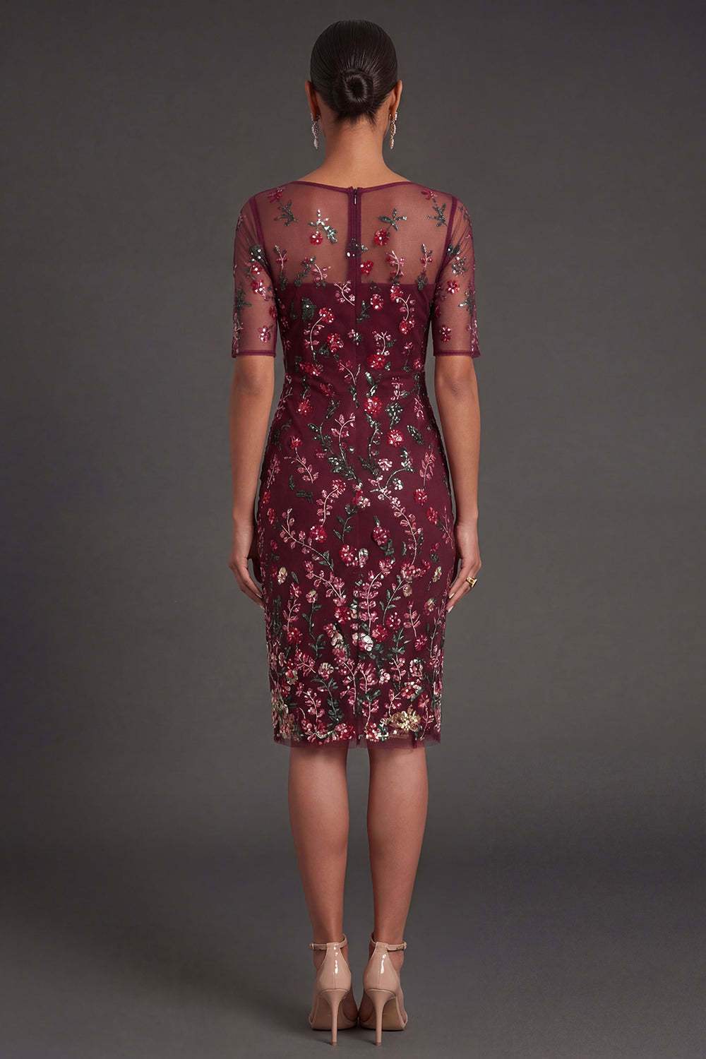 Burgundy Floral Sparkly Beaded Sheath Appliqued Midi Formal Dress