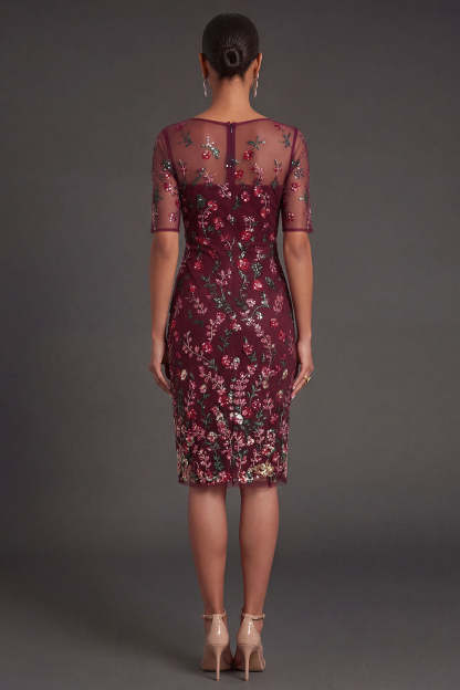 Burgundy Floral Sparkly Beaded Sheath Appliqued Midi Formal Dress