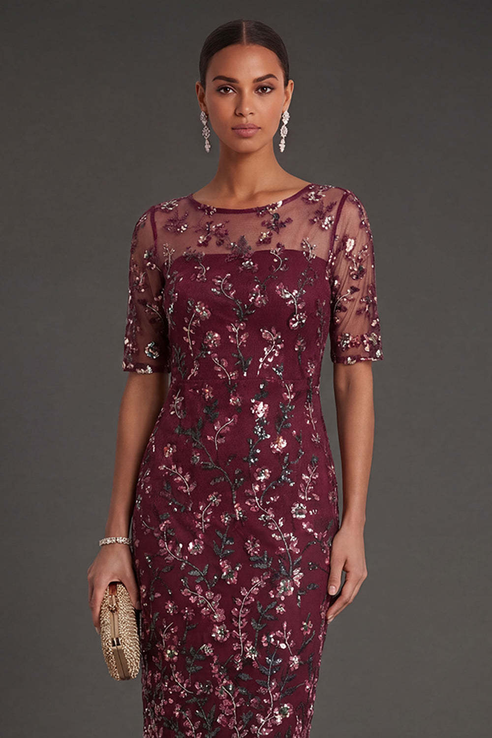 Burgundy Floral Sparkly Beaded Sheath Appliqued Midi Formal Dress