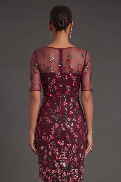 Burgundy Floral Sparkly Beaded Sheath Appliqued Midi Formal Dress