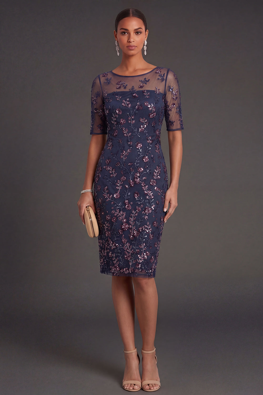 Leely Women Burgundy Floral Sparkly Beaded Sheath Midi Formal Dress Appliqued Half Sleeves Wedding Guest Dress