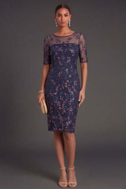 Leely Women Burgundy Floral Sparkly Beaded Sheath Midi Formal Dress Appliqued Half Sleeves Wedding Guest Dress