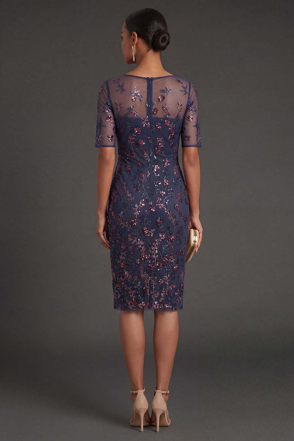 Burgundy Floral Sparkly Beaded Sheath Appliqued Midi Formal Dress