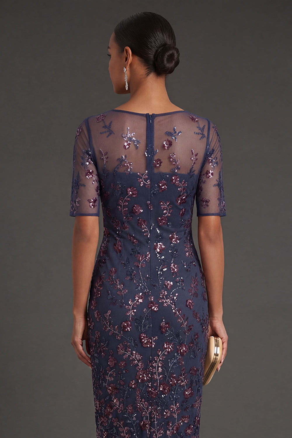 Burgundy Floral Sparkly Beaded Sheath Appliqued Midi Formal Dress