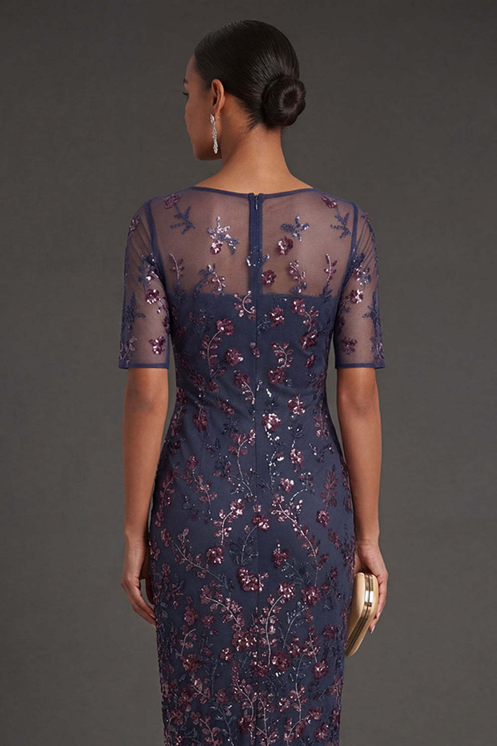 Burgundy Floral Sparkly Beaded Sheath Appliqued Midi Formal Dress