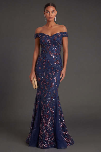 Leely Women Floral Navy Mermaid Sparkly Beaded Long Formal Dress Off the Shoulder Backless Sleeveless Wedding Guest Dress