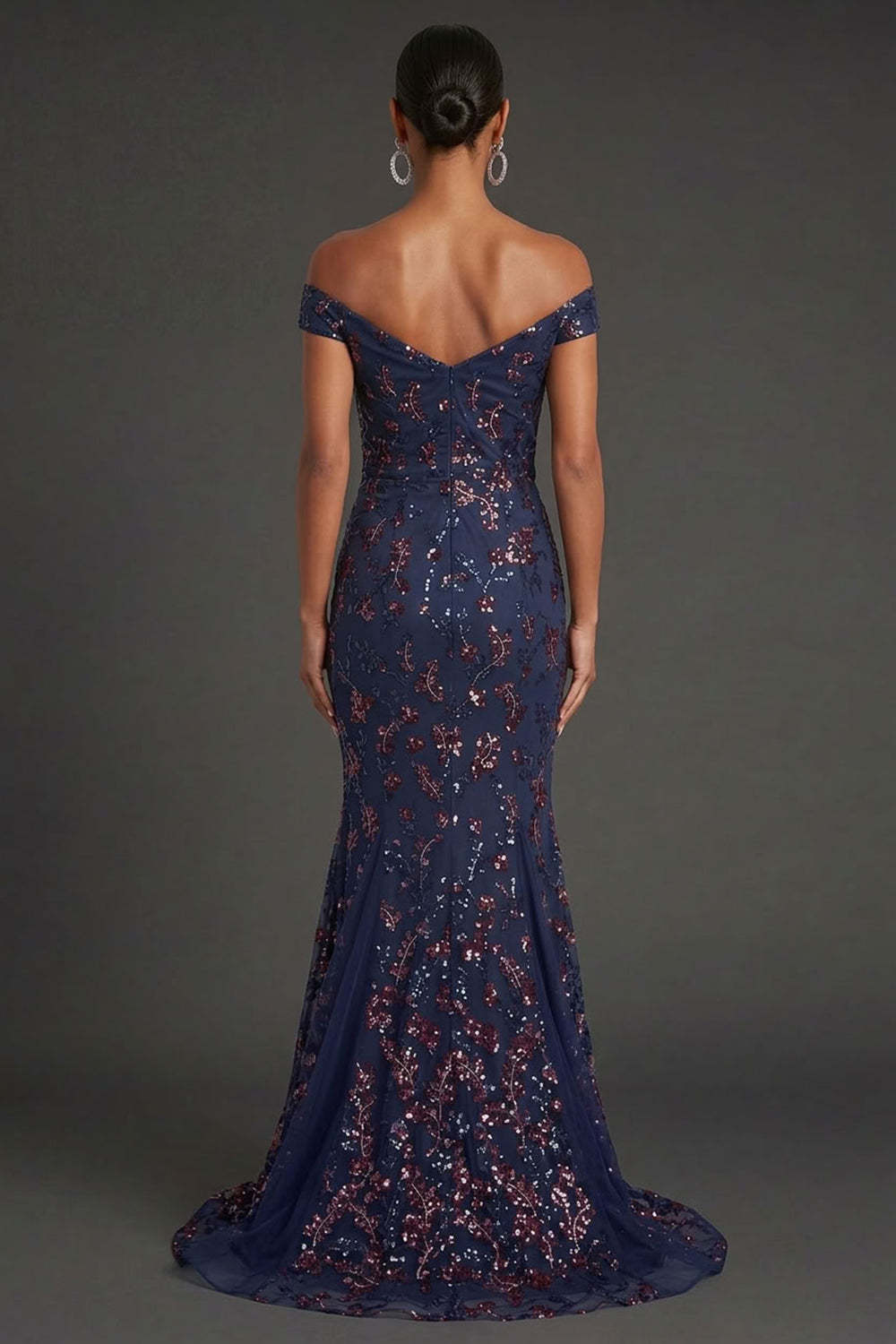 Floral Navy Mermaid Off the Shoulder Sparkly Beaded Long Formal Dress