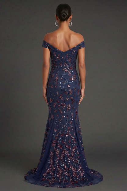 Floral Navy Mermaid Off the Shoulder Sparkly Beaded Long Formal Dress